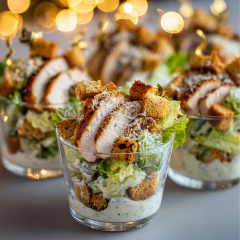 Chicken Caesar salad appetizer cups with grilled chicken, croutons, and parmesan