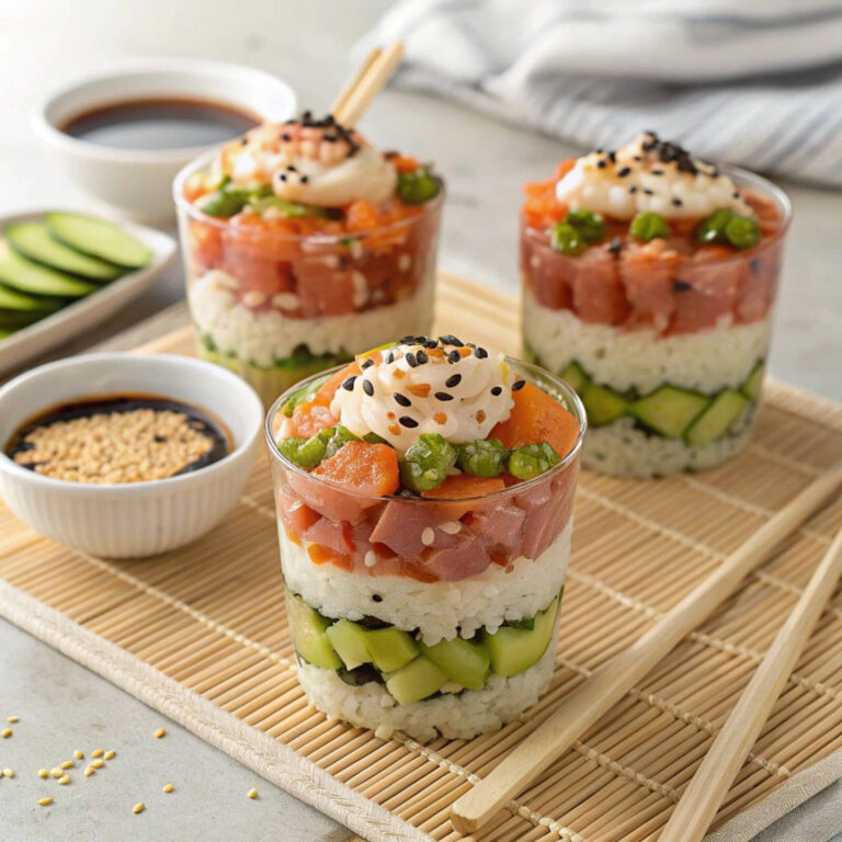 Layered sushi rice appetizer cups with tuna, cucumber, spicy mayo, and black sesame