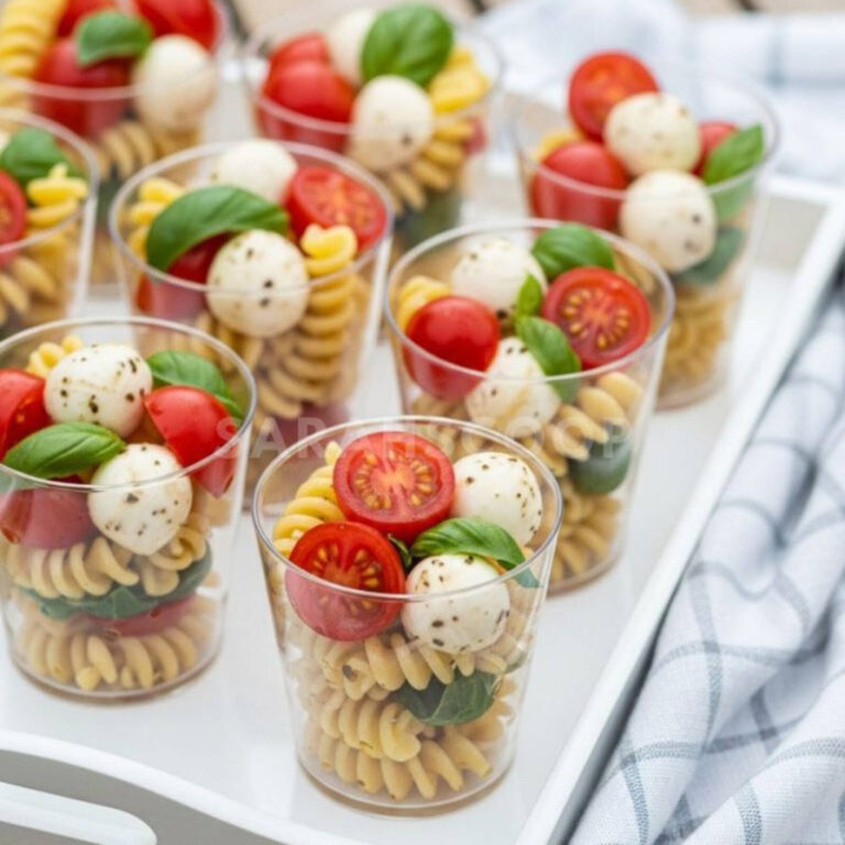 Caprese pasta salad appetizer cups with rotini, cherry tomatoes, mozzarella, and basil