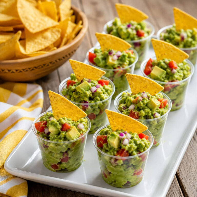 Guacamole appetizer cups topped with a tortilla chip and diced tomato