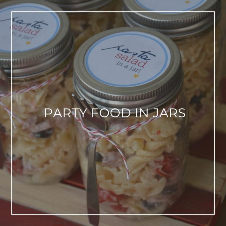 Pasta salad mason jars with custom labels, featured image for the Mason Jars party food idea