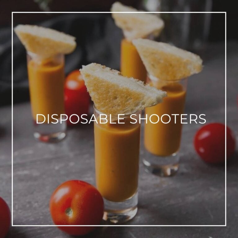 Tomato soup shooters with a grilled cheese garnish, featured image for the Disposable Shooters party idea