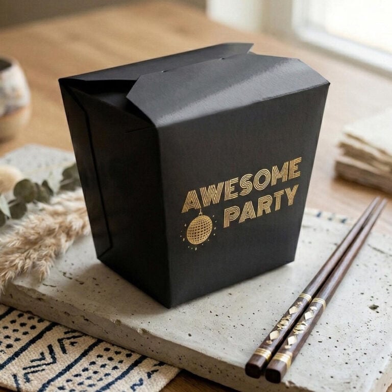 Black Chinese-style takeout box custom printed with Awesome Party in gold with a disco mirror ball