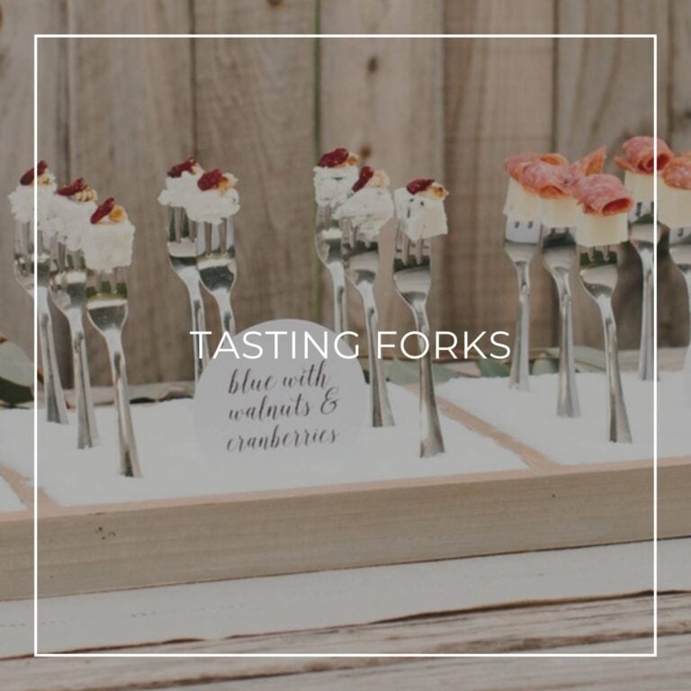 Blue cheese and prosciutto-wrapped cheese bites on tasting forks, featured image for the Tasting Forks party idea