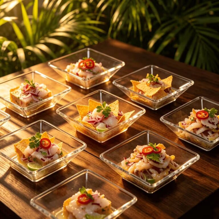 Ceviche tasting plates with diced fish, red onion, and tortilla chips in square glass dishes on a wooden table