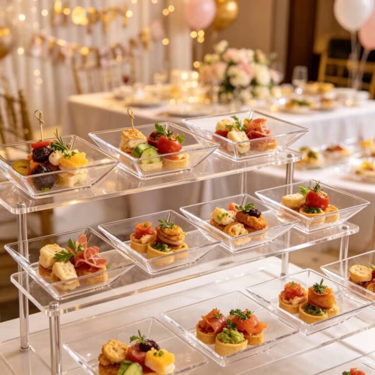 Tiered stand of mixed canapés with prosciutto, salmon, and cheese at a wedding reception with balloons and florals