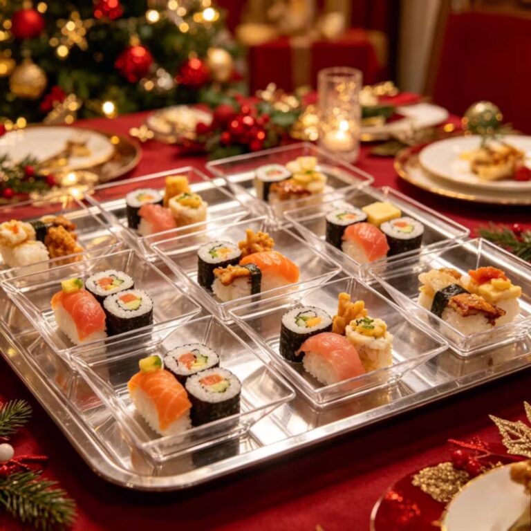 Sushi and sashimi tasting plates on a silver tray styled for a Christmas table setting