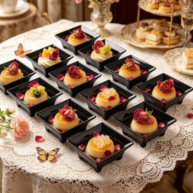 Crème caramel tasting plates topped with rose petals and fruit on a lace-covered table with butterfly decorations