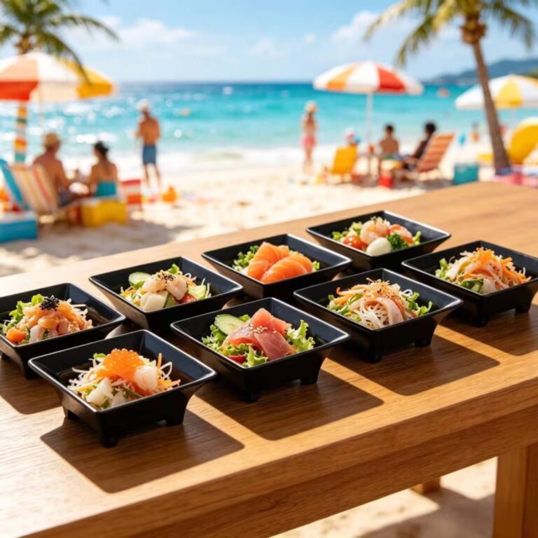 Seafood salad tasting bowls with salmon, tuna, and shrimp in black square dishes on a beachside table