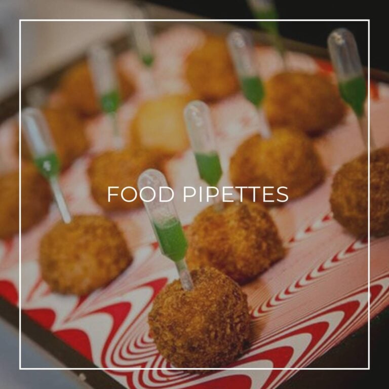 Golden fried croquette bites with green sauce pipettes, featured image for the Food Pipettes party idea