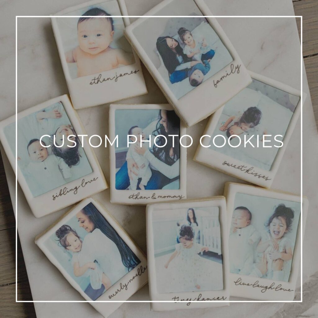 personalized Polaroid style custom photo cookies of a mother and baby