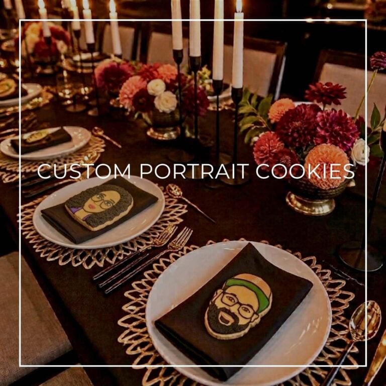 custom portrait cookies on each place setting at a dinner table