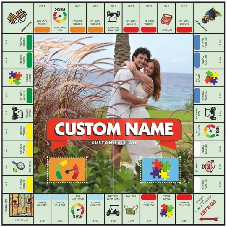 Custom Monopoly board template showing couple’s beach photo with palm trees and Custom Name banner