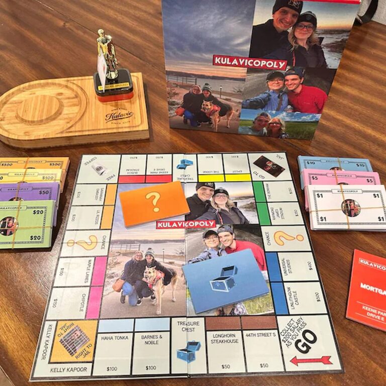 Kulavicopoly custom board with hiking family photo collage and cycling trophy display