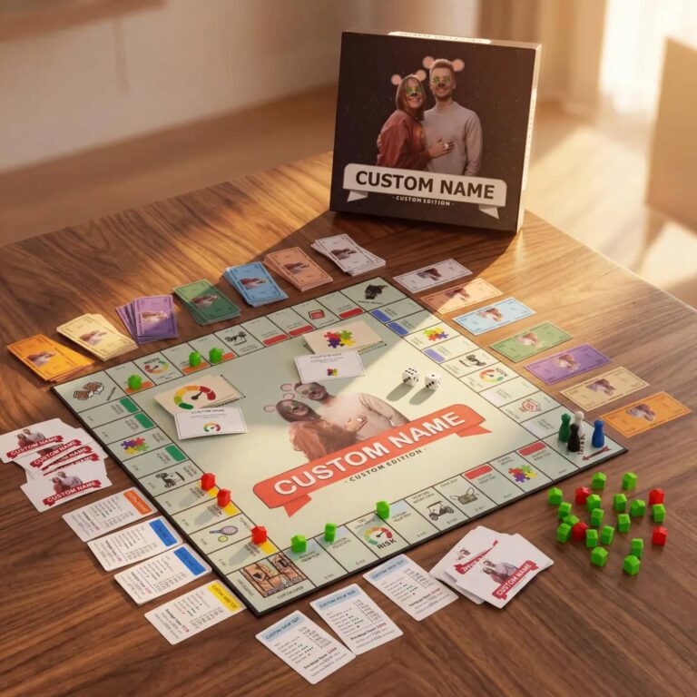 Custom Monopoly box and board on table with couple’s mouse-ear photo filter and colorful cash stacks