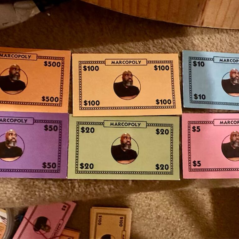 Marcopoly custom cash bills featuring a man’s photo in $500, $100, $50, $20, $10, and $5 notes
