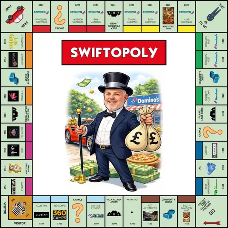 Swiftopoly custom board with Domino’s pizza theme, UK properties, and cartoon mogul illustration