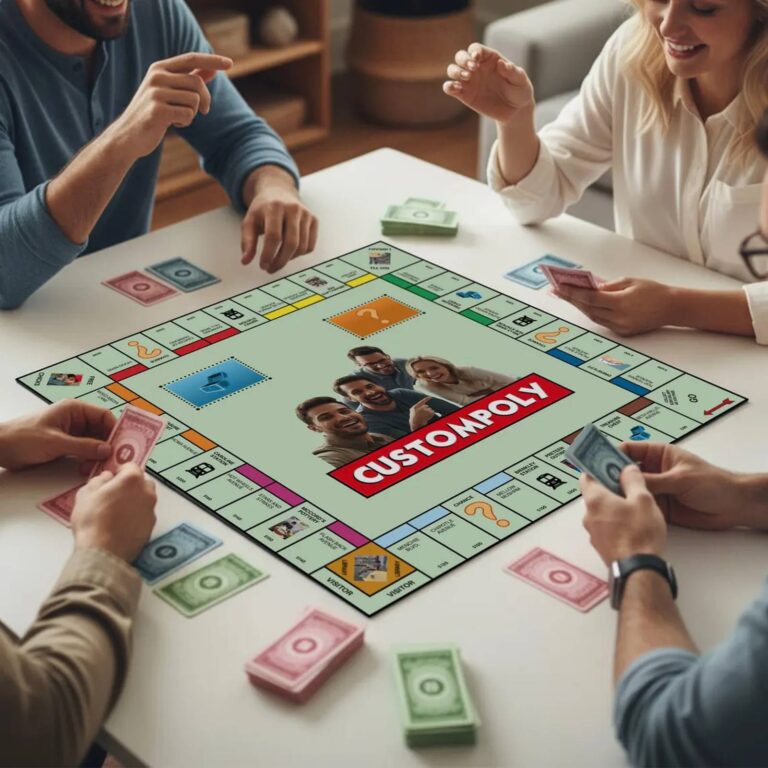 Family of four playing personalized Custompoly board game together at the table