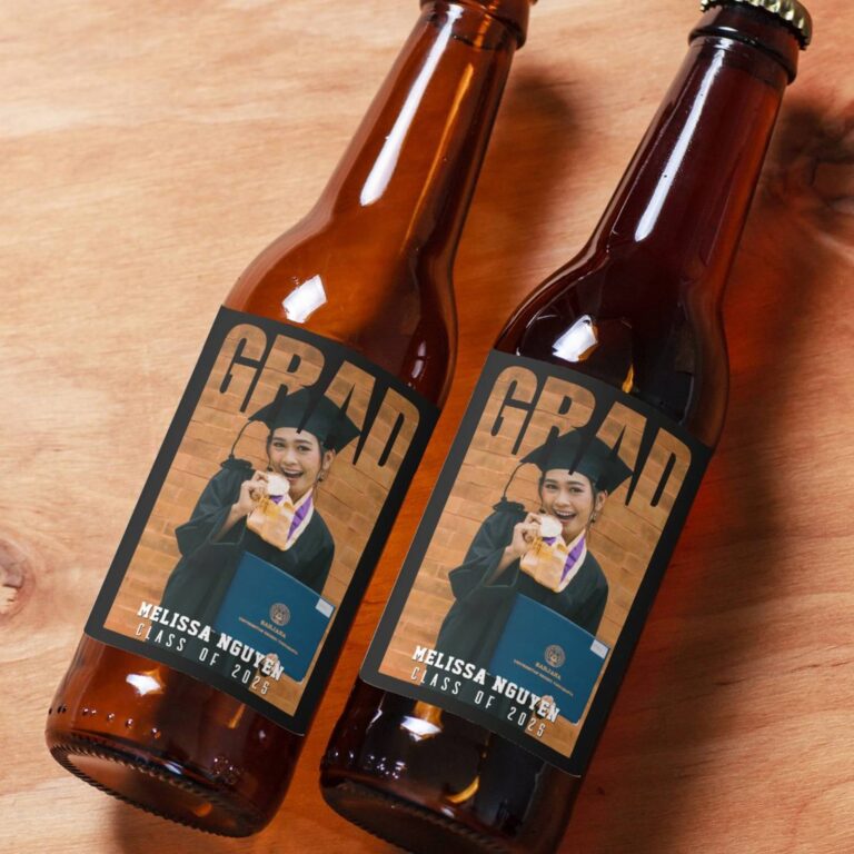 Two beer bottles with black "Grad" labels printed with a graduation photo and "Melissa Nguyen, Class of 2025"