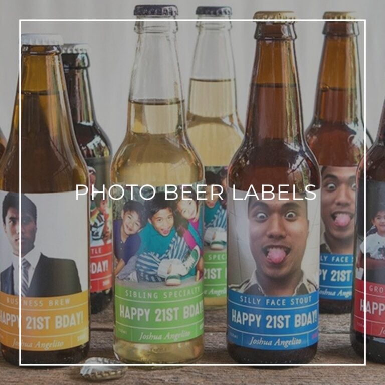 Row of beer bottles with colorful photo labels reading "Happy 21st BDAY!" over different funny face photos, labeled "Photo Beer Labels"