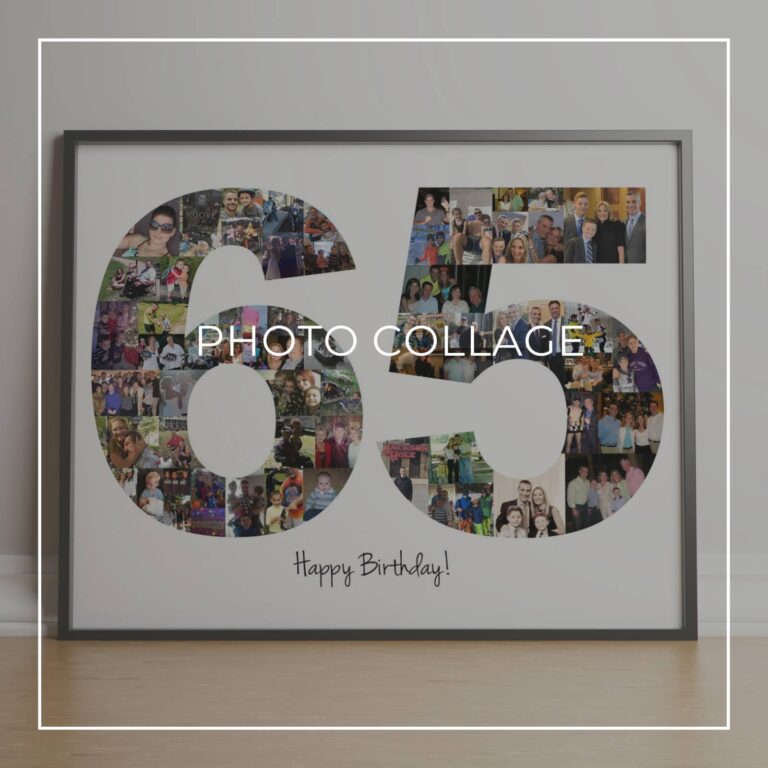 framed Happy Birthday photo collage with the numbers 55 made up of 'through the years' style photos of the birthday boy at different ages