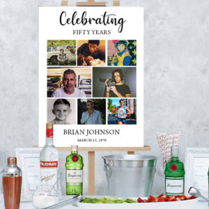 Celebrating 50 Years birthday photo collage sign showing a man 'through the years' on an easel on a party bar top