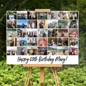 Happy 60th birthday photo collage sign showing a woman 'through the years' on an easel