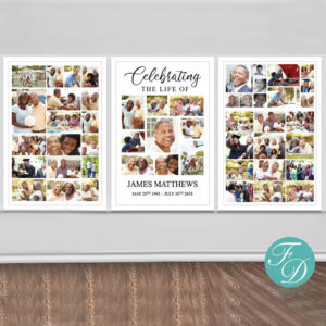 'Celebrating the Life Of James Matthews' 3 panel photo collage sign mounted on wall showing a man 'through the years'