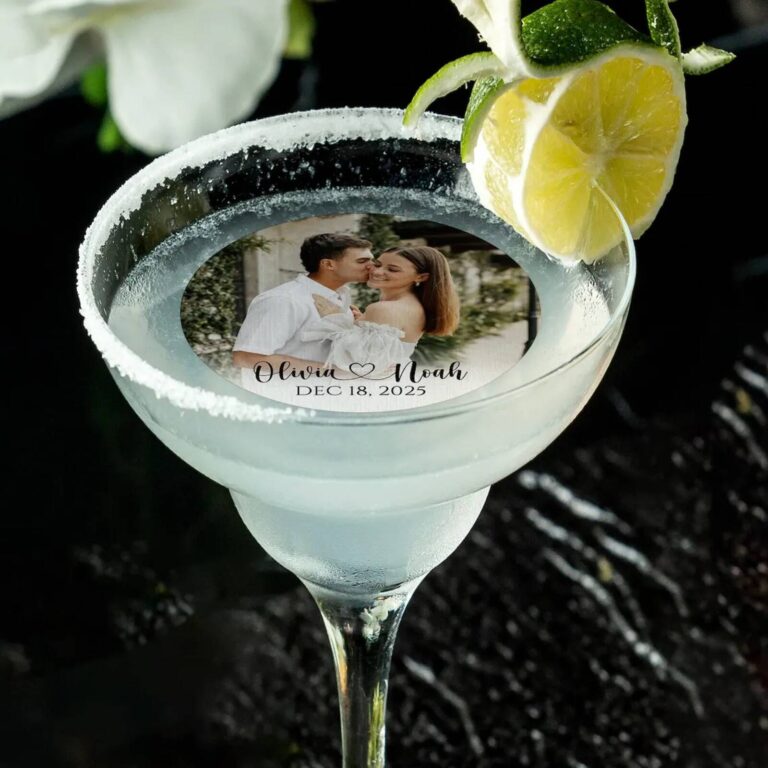 Edible photo drinks topper with wedding photo and names in a salted margarita