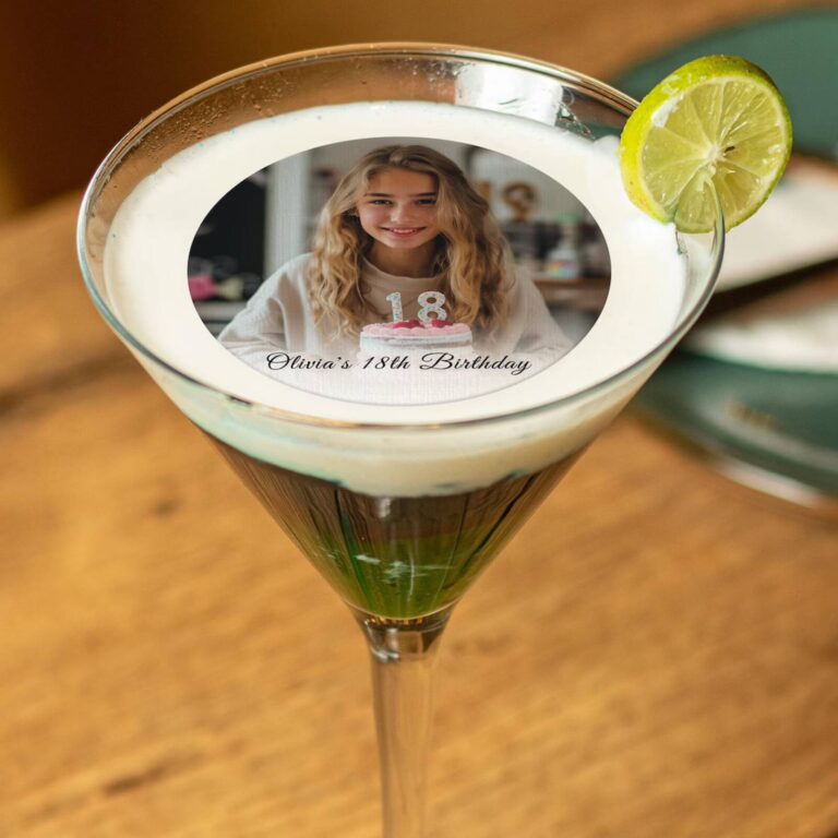 Edible photo drinks topper with birthday photo and cake in a martini glass
