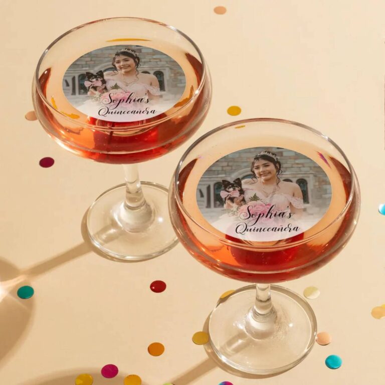 Edible photo drinks toppers with quinceanera photo in two rose gold cocktail glasses