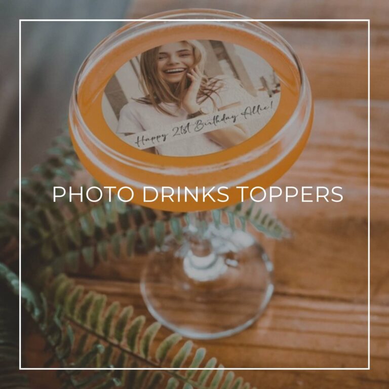 Edible photo drinks topper on a cocktail with custom birthday photo and message