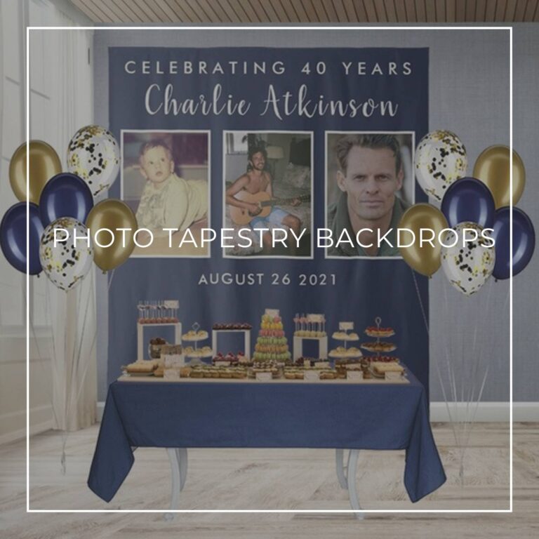 Celebrating 40 Years custom 'Through the Years' photo tapestry dessert table or backdrop with photos of the birthday boy at different ages