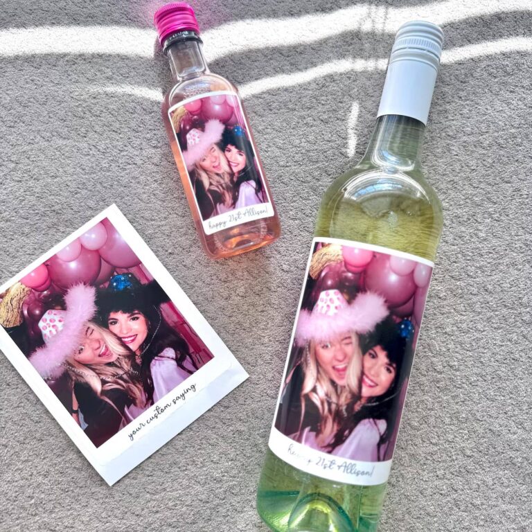 Mini and full-size wine bottles with “Happy 21st Allison!” labels featuring two friends in pink cowboy hats under balloons, matching photo alongside