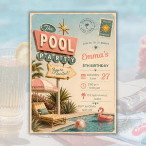 Retro vintage motel sign style pool party invitation for Emma's 8th birthday