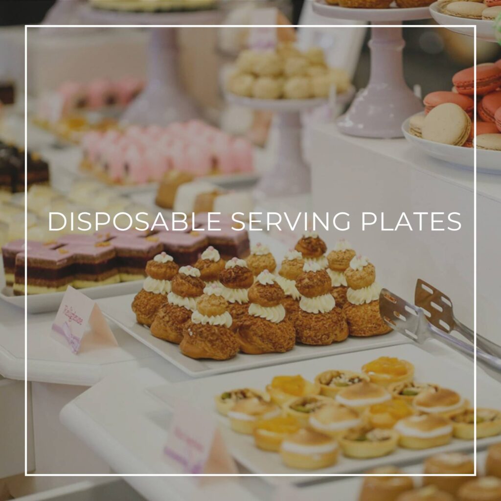 food arranged in rows served on black and white premium disposable plates