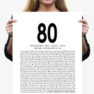 woman holding '80 reasons we love you' poster