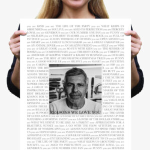 woman holding custom 'reasons we love you' poster with photo of man in center