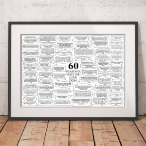 framed '60 reasons we love you' speech bubble poster
