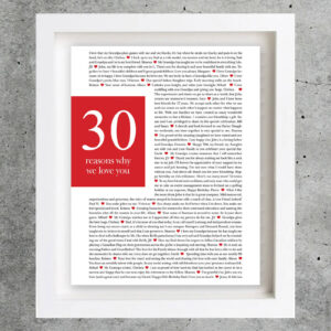 framed red '30 reasons we love you' poster