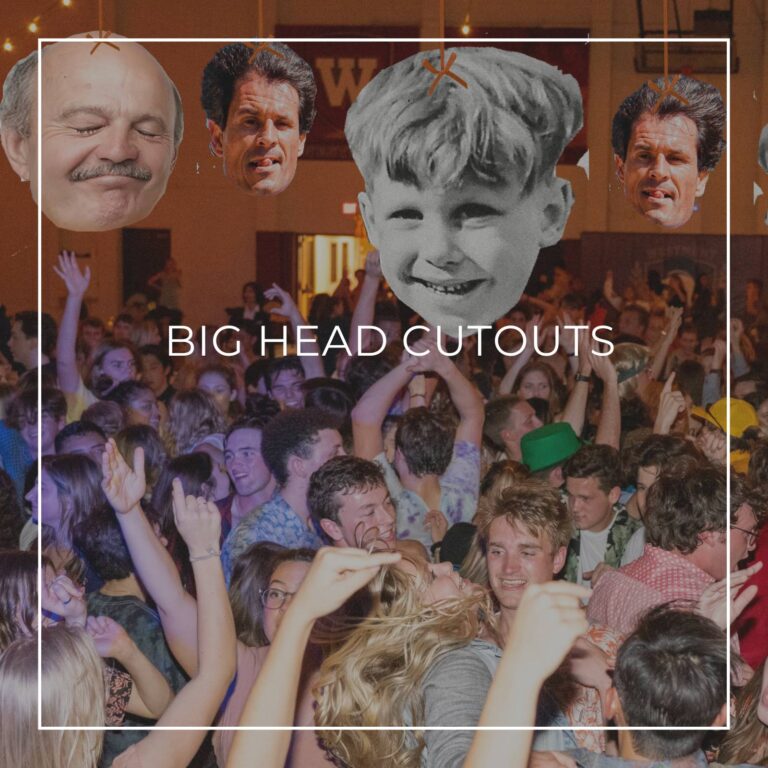 giant custom face cutouts showing the retiree at different ages used as hanging decorations above a crowd of dancing party guests