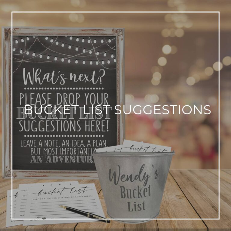 'what's next?' bucket list suggestions cards and sign for a retirement party