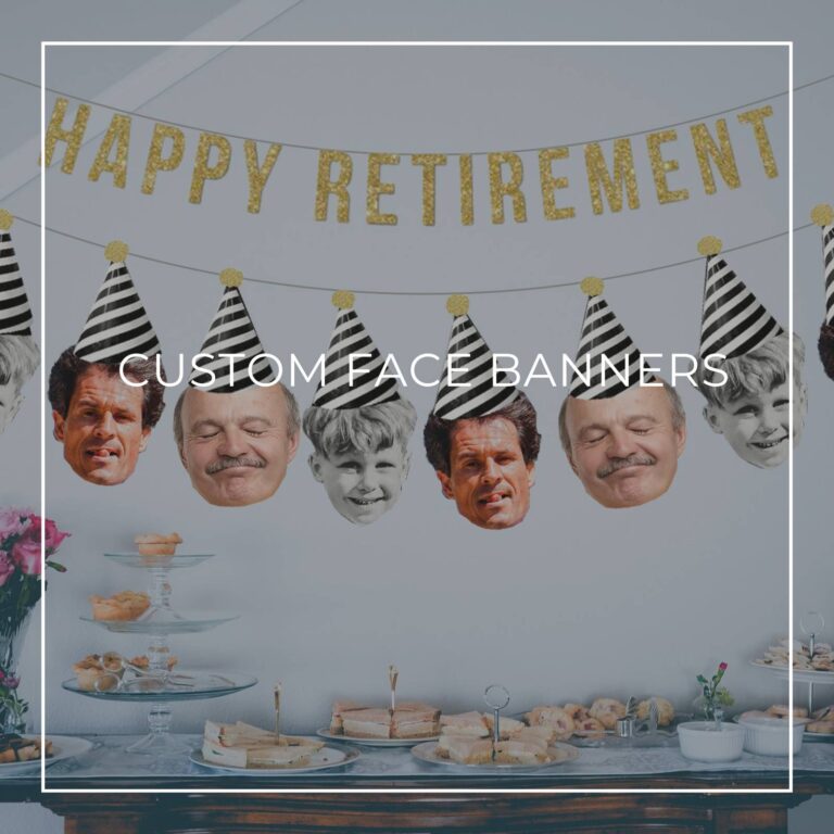 retirement party custom face photo banners showing the retiree at different ages hung above party dessert table