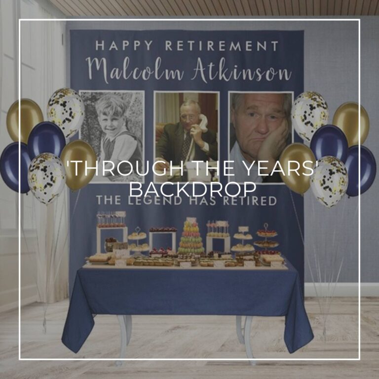 Happy Retirement custom photo retirement party backdrop behind a party dessert table