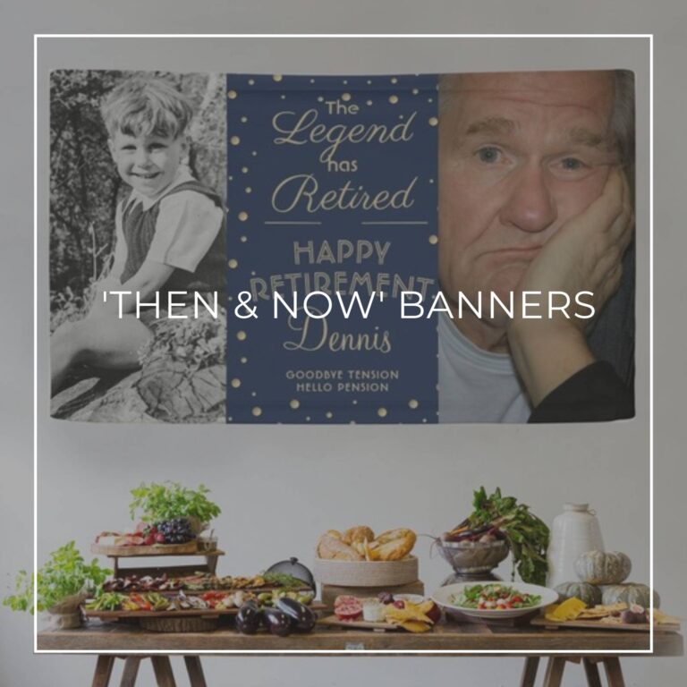The Legend has Retired custom 'Then & Now' photo retirement party banner decorations hung above party food table