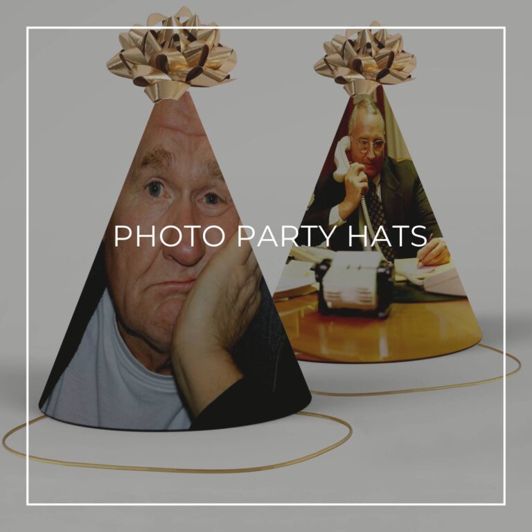 color photo party hats showing the retiree now and as a middle aged man