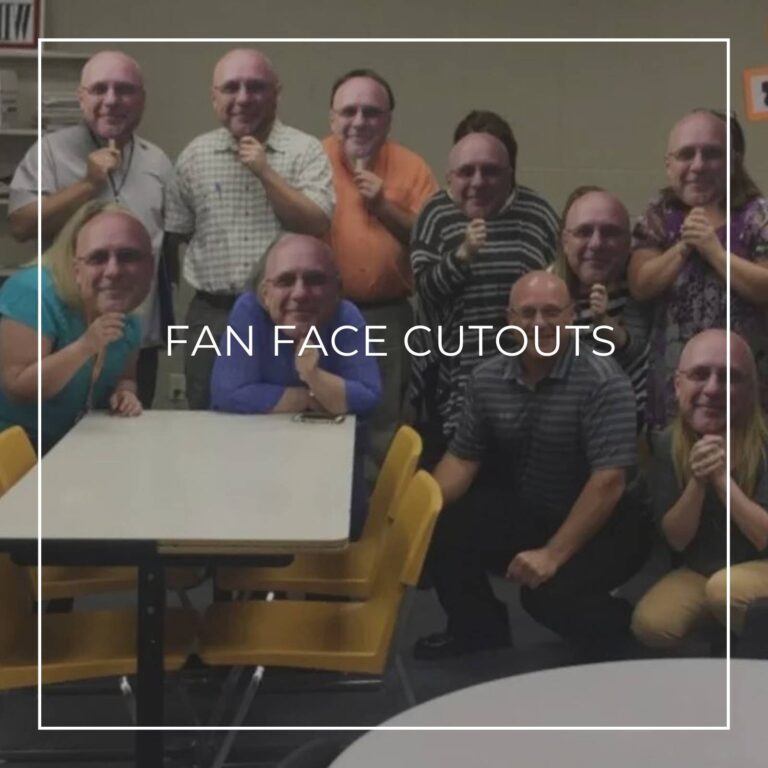 group of people holding custom fan faces of the retiree in front of their own faces at a retirement party