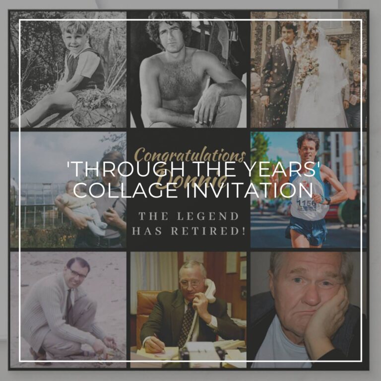 retirement party photo collage invitation showing the birthday boy 'through the years'