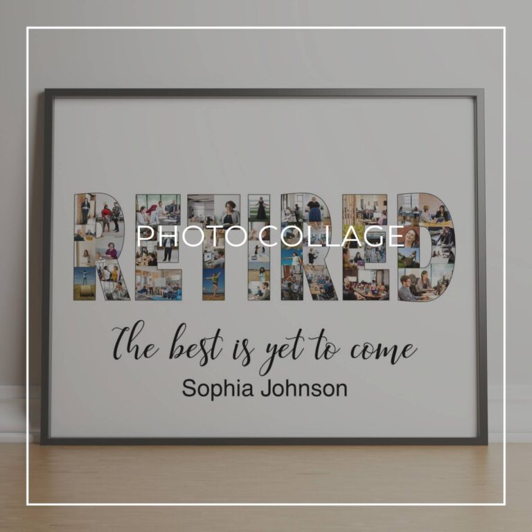 framed retirement photo collage with the word retired made up of 'through the years' style photos of the retiree at different ages