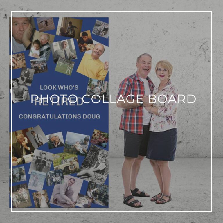 Look who's retired freestanding retirement party photo collage board decoration showing photos of the retiree through the years